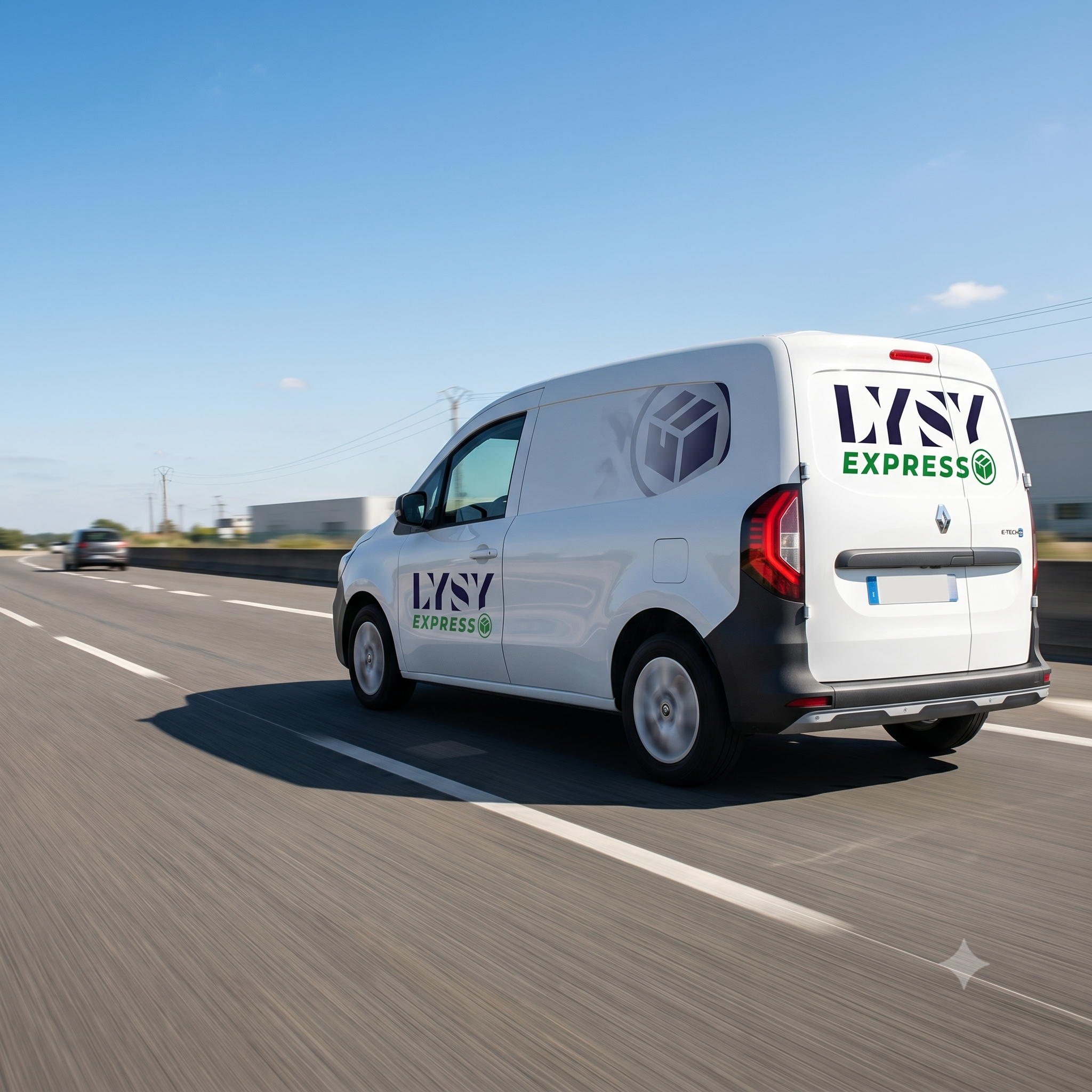 Fourgonnette blanche Lysy Express en pleine livraison sur l'autoroute en Île-de-France.